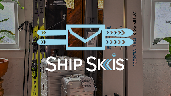 The image shows ski equipment, suitcases, and a pair of ski boots placed near a doorway with the "Ship Skis" logo and the tagline "Your Skis, Delivered."